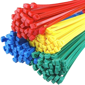 Various coloured cable ties in red, blue, green, yellow, orange, purple, brown, and silver. The ties are shown bundling different types of cables and wires, demonstrating their use in organizing home entertainment systems, IT equipment, workshop tools, and event setups. Close-up shots highlight the durable nylon material and different sizes available, from mini ties to heavy-duty options.