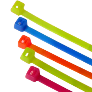 Assortment of fluorescent cable ties in yellow, pink, green, blue, and orange, glowing brightly against a background.