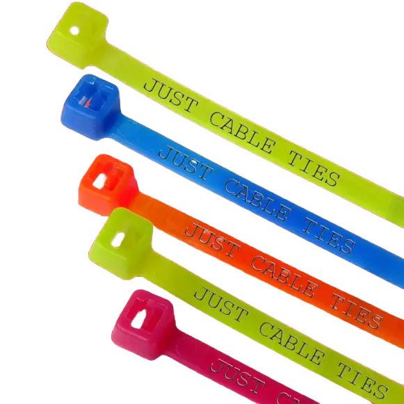 Close-up of brightly colored fluorescent cable ties in black and natural, showcasing custom printed text on their surface, with one tie securing a bundle of cables in a dimly lit setting.