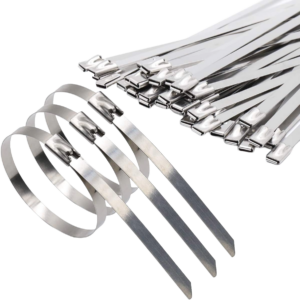 Close-up of shiny uncoated coated stainless steel cable ties, showcasing their sleek design and locking mechanism.