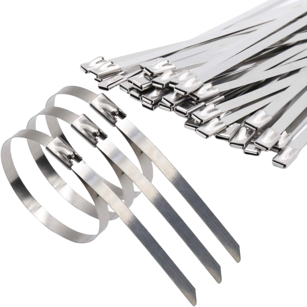 Close-up of shiny uncoated coated stainless steel cable ties, showcasing their sleek design and locking mechanism.